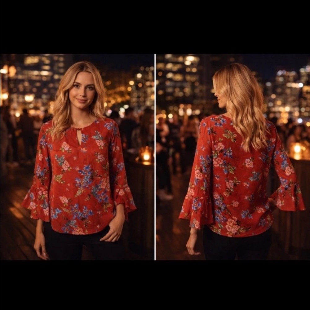 CAbi Red Floral Bell-Sleeve Keyhole Neck Flutter Sleeve Evening Office Blouse